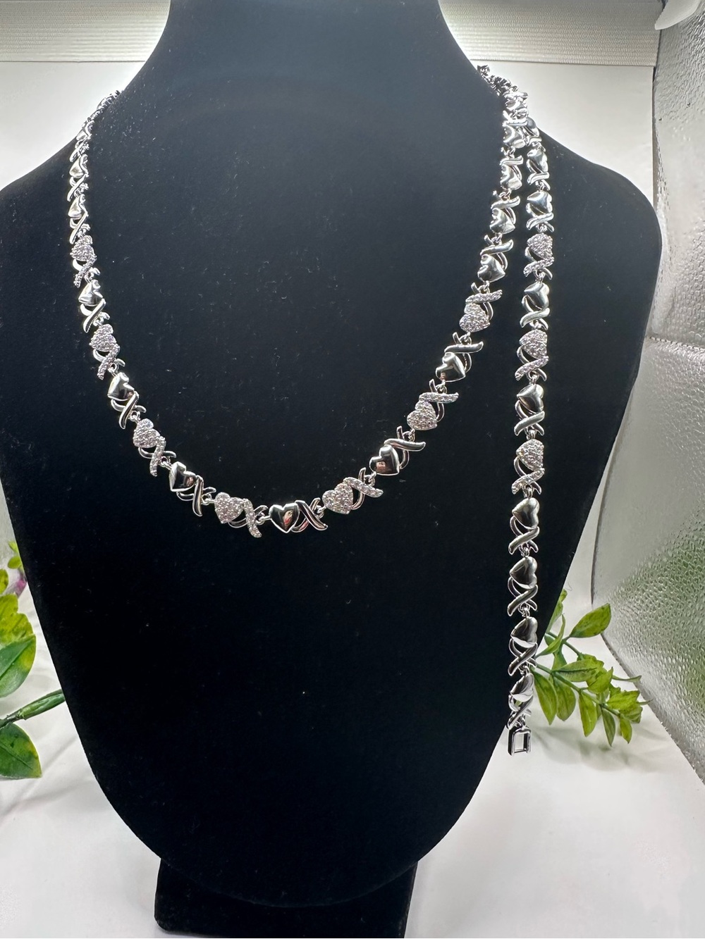 XOXO Hugs and Kisses Diamond Silver Heart Bracelet and Necklace Jewelry Set Gift